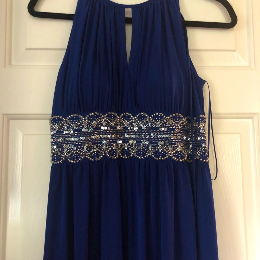 R &M Richards halter neck full length gown with silver sequin embroidery